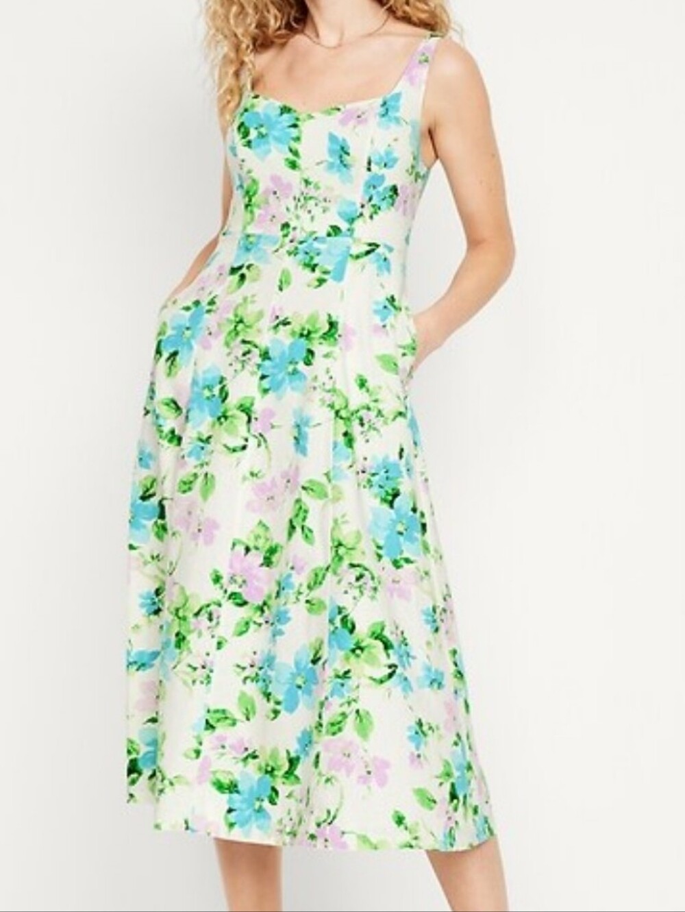 NWT Old Navy Floral Linen Blend Fit & Flare Midi Dress XL Tall Sweetheart Neck